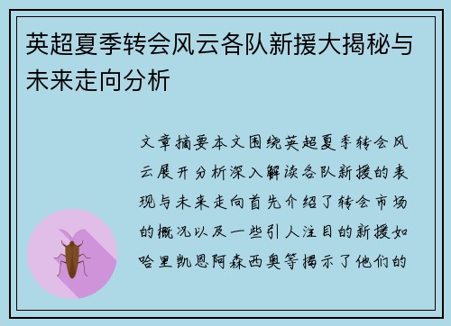 英超夏季转会风云各队新援大揭秘与未来走向分析