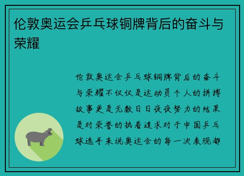 伦敦奥运会乒乓球铜牌背后的奋斗与荣耀